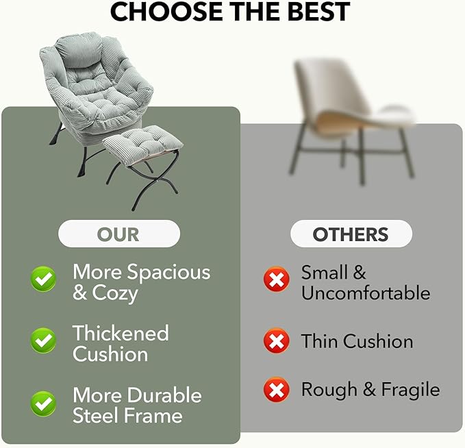 NIOIIKIT Leisure Lazy Chair with Ottoman Corduroy Upholstered Lounge Armchair with Side Pocket Comfy Reading Chair Lazy Sofa Chair for Living Room Bedroom Office (Light Green)