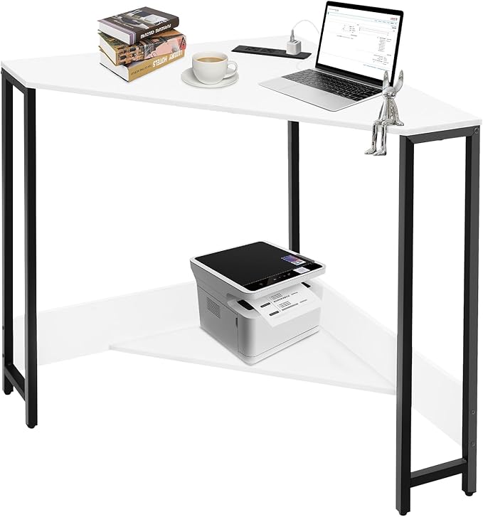 Small Corner Desk with Outlet Corner Table for Small Space Industrial Computer Desk w/USB Ports Triangle Desk for Home Office Workstation Living Room Bedroom (White)