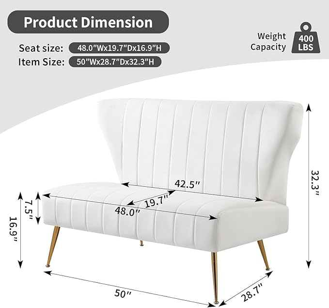 50’’ Armless Loveseat Sofa Comfy Upholstered Velet Small Couch Sofa with Gold Legs 2 Seater Tufted Modern Couch for Living Room Bedroom Apartment Small Space (White)