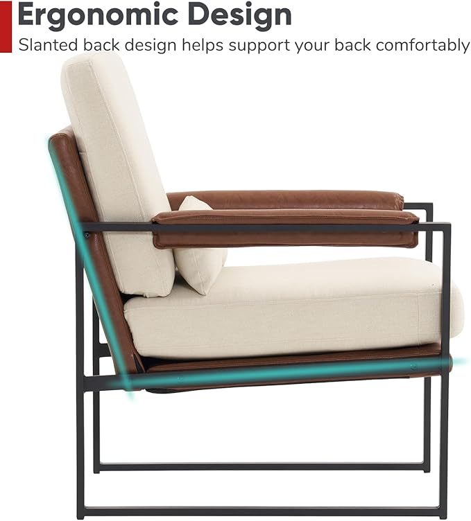 JOYBASE Modern Accent Chair Mid Century Modern Chair Armchair Metal Frame Comfy Reading Chair Lounge Arm Chair for Living Room Bedroom (Beige &amp Brown Linen)
