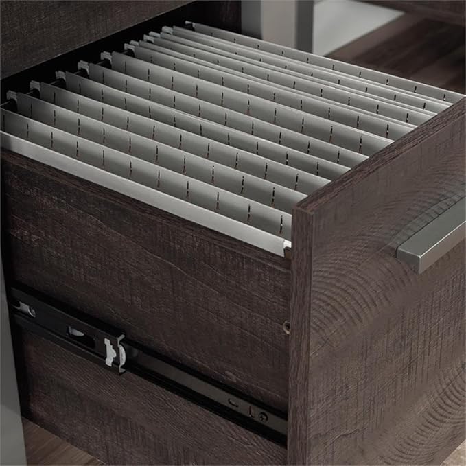 Pemberly Row Contemporary Single Pedestal Desk 45 in Wide Engineered Wood and Metal Construction Blade Walnut and Silver Finish with Storage Drawers and Shelf Home Office Computer Table