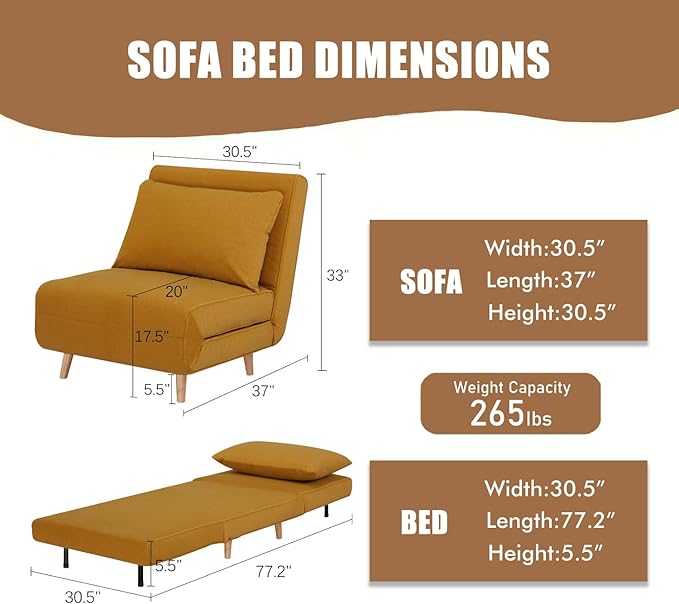 3 in 1 Sleeper Chair Bed Foldable Convertible Chair with Thickened Cushion and Sponge OTE Chenille Fabric Adjustable Backrest Upholstered Accent Chair for Apartment/Bedroom/Office - Yellow Brown