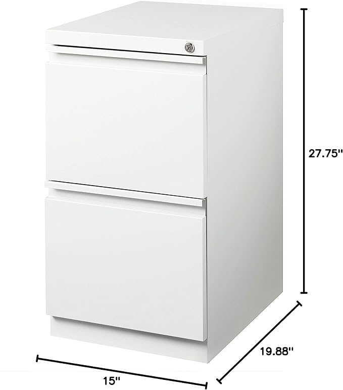 20 Inch Deep Metal Mobile Pedestal File 2 Drawer File-File with Full Width Pull for Home and Office Holds Letter Width Hanging Folders White
