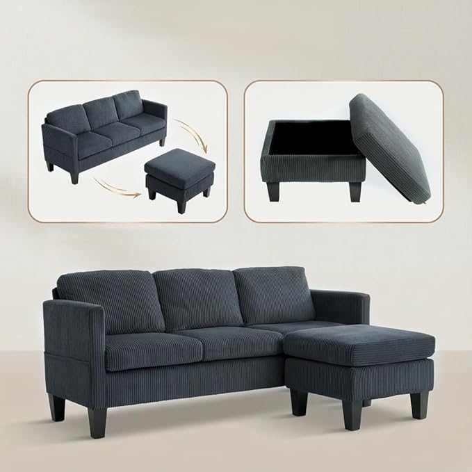 Modern L-Shaped Sofa with Corduroy Fabric 3-Seater Sectional Couch for Small Space Space-Saving Design Easy Assembly (Gray)