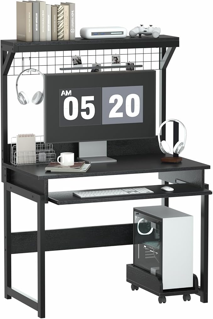 Gaming Computer Desk with Storage Shelves &amp Keyboard Tray 31.5 inch Desk for Small Spaces Home Office Desk with Host Rack for Living Room Study Room (Black)