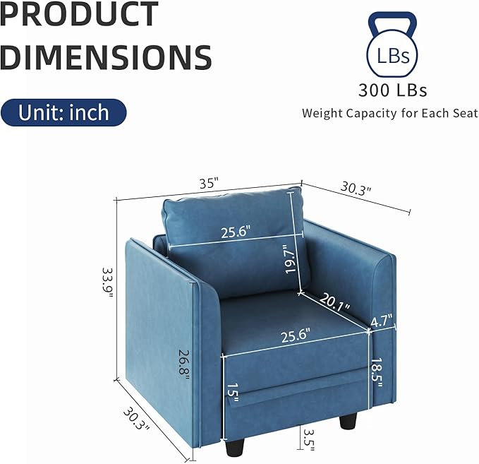 LLappuil Modern Faux Leather Fabric Modular Sectional Armchair with Storage Seat Club Chair Arm Accent Chair for Apartment Bedroom Navy Blue