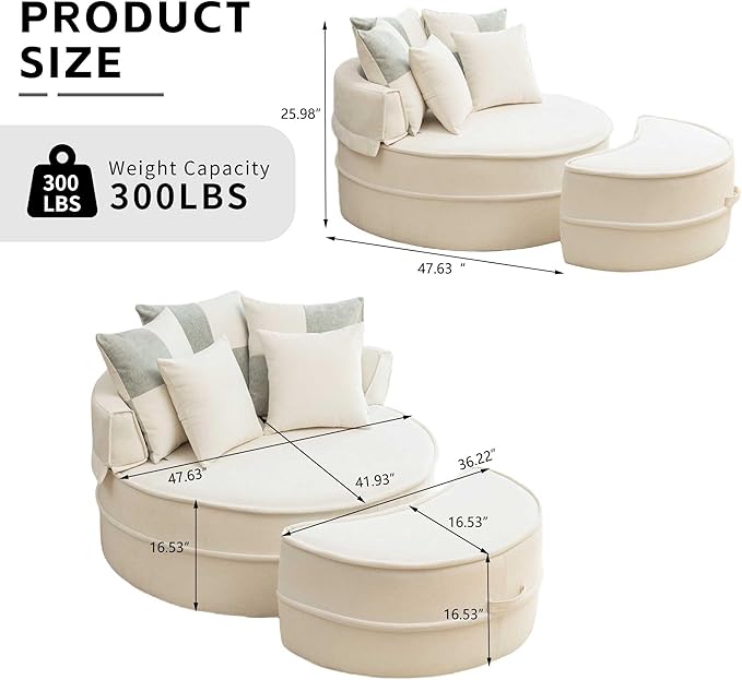 KEIKI Oversized Round Accent Barrel Chair with Ottoman &amp 5 Pillows - 64 Velvet Upholstered Reading Armchair Lazy Lounge Accent Chair for Living Room/Bedroom/Reading Room No-Sag Comfort Beige