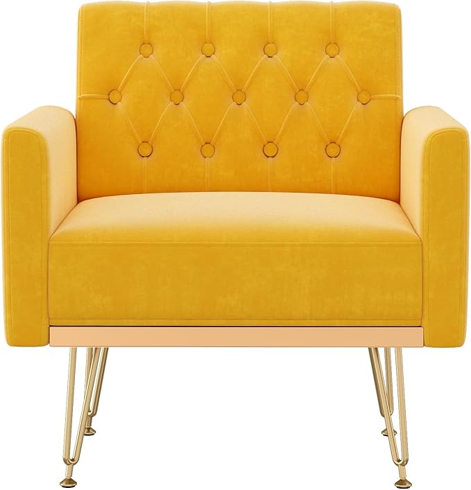 Olela Velvet Accent Chair with Arm for Living RoomModern Armchair Single Sofa Cozy Tufted Upholstered Reading Side Chairs with Gold Metal Leg for Bedroom Decorate(1 Mustard Yellow)