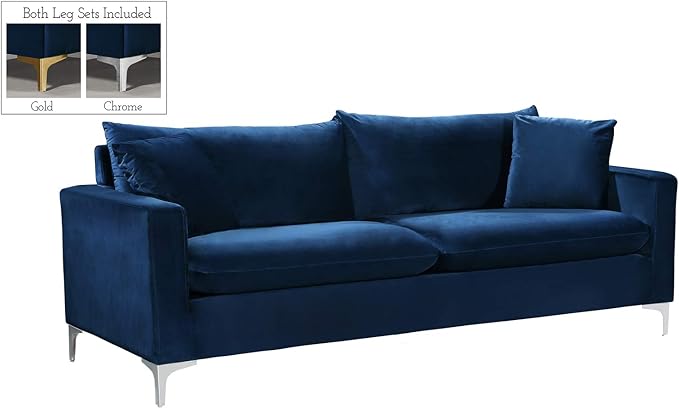 Meridian Furniture Naomi Collection Modern | Contemporary Black Velvet Upholstered Sofa with Stainless Steel Base in a Rich Gold or Chrome Finish (633Black-S)