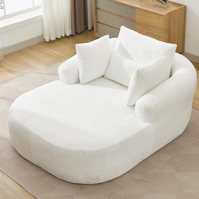 Oversized Chaise Longue Chair Indoor Modern Upholstered Chenille Deep Seat Sofa Bed with Throw Pillows and Armrests Sleeper Sofa Couch for Living Room Bedroom Apartment (Beige)