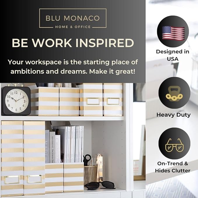 BLU MONACO | Cardboard Magazine File Holder Set of 4 Gold White Stripes | Vertical Magazine File Holder with Label Slots | Standing File Holder and Cardboard Bins for Shelves Desk Classroom
