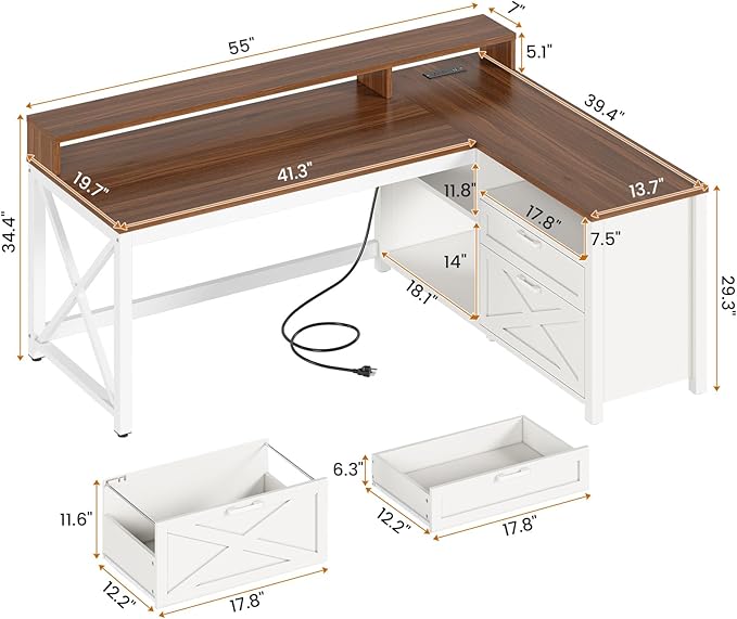 SEDETA Farmhouse L Shaped Desk 55 Home Office Desk with Drawers and Storage Shelves L Shaped Gaming Desk with LED Lights Power Outlet and Monitor Shelf Brown