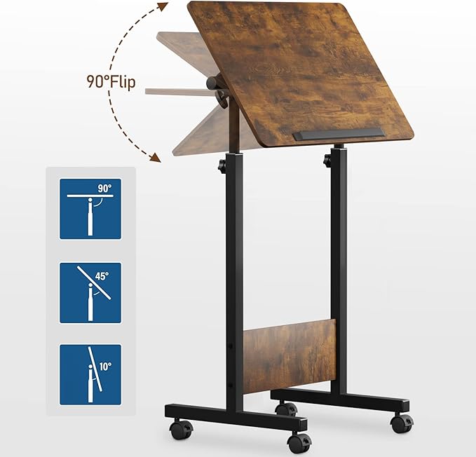 KOUPA Height Adjustable Mobile Standing Desk 16×24 in360° Flip Desk Stand Desks Home Office Table Standing for Small Space OfficesEasy to Assemble(Adjustable Height: 32in-47in)