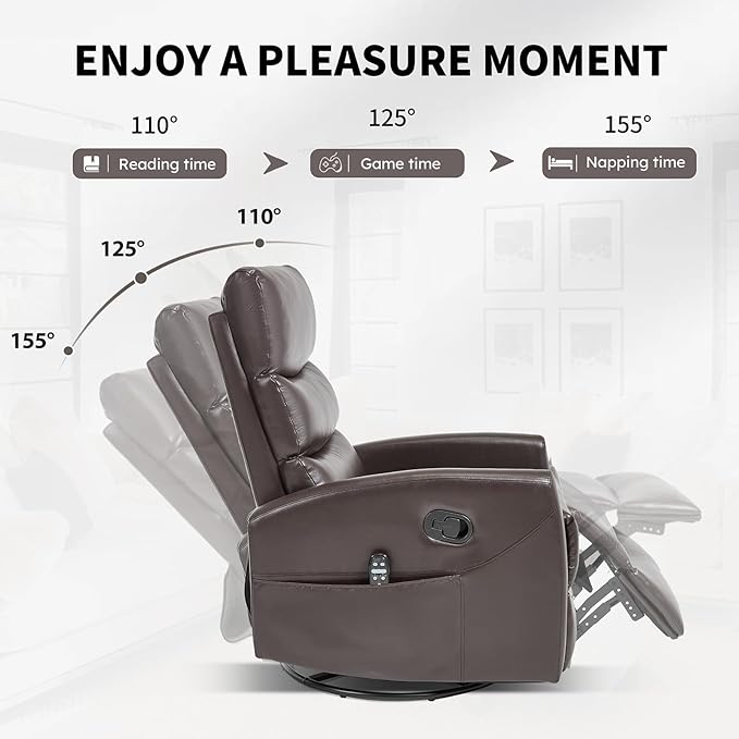 Massage Chair Recliner with Heat Swivel Rocking Chair Recliner with High Back Manual Lazy Boy Recliners for AdultsSmall Recliner Chair for Small Spaces Living Room Bedroom Fabric (Brown)