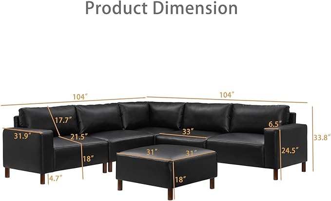 Mid-Century Modern Sofa with Movable Ottoman PU Leather V-Shaped Couch with Solid Wood Legs Comfy Modular Sectional Sofa Upholstered Cozy Couch for Living Room Bedroom Apartment(104W Black)