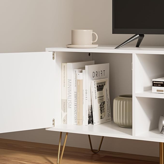 TV Stand for 55-65 Inch TV Entertainment Center with Soft Hinge DoorTV Console Table with 2 Cabinets with Gold Handle and Feetfor Living Room Bedroom White