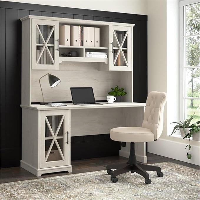 BOWERY HILL 60W Engineered Wood Desk with Hutch and Storage Cabinet Linen White Oak Finish Tempered Glass Door Adjustable Shelves Farmhouse Style Home Office Desk Furniture
