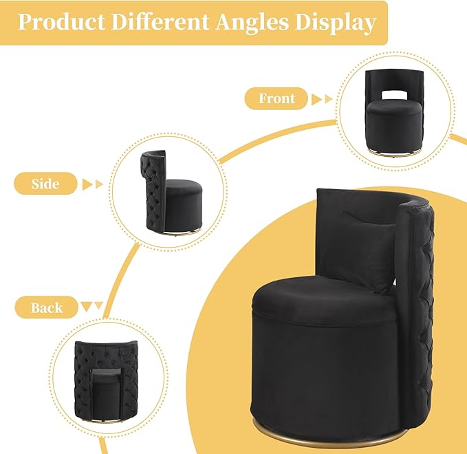 360° Swivel Accent Chair Velvet Chair with Storage Function Curved Chair with Gold Metal Base Accent Chair for Living Room Bedroom Home OfficeApartment-Black