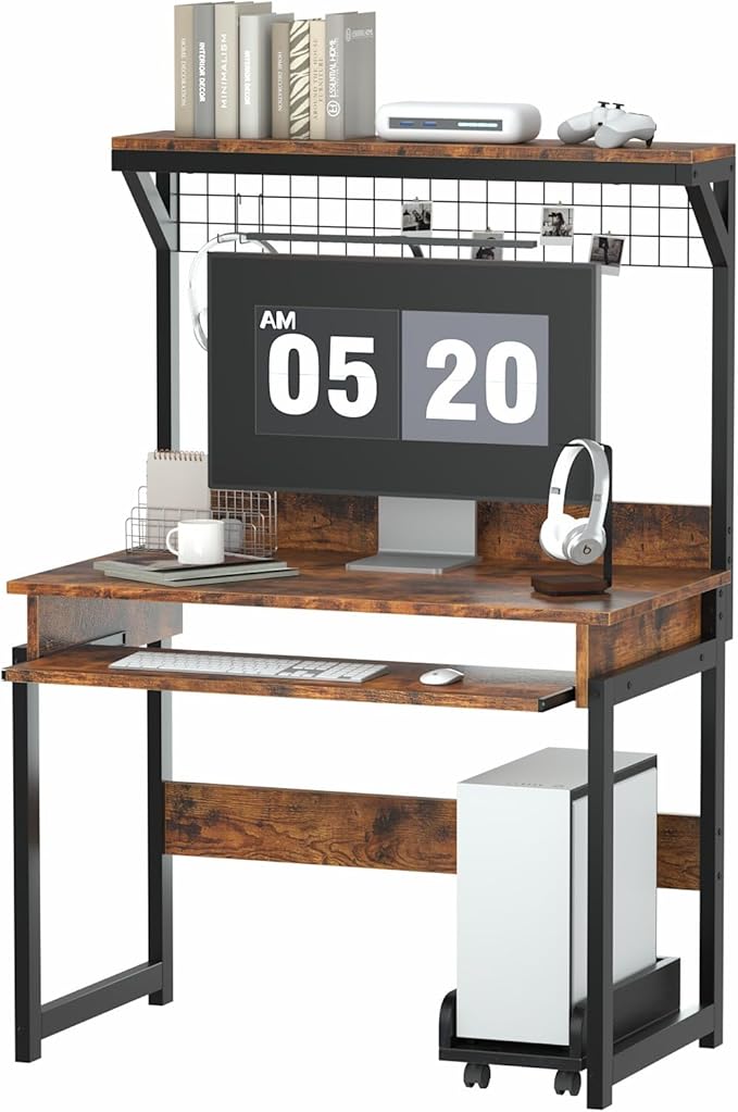 31.5 Small Computer Desk with Hutch Office Desk Study Table Writing Desk Workstation PC Table for Home Office Space Saving Design Brown