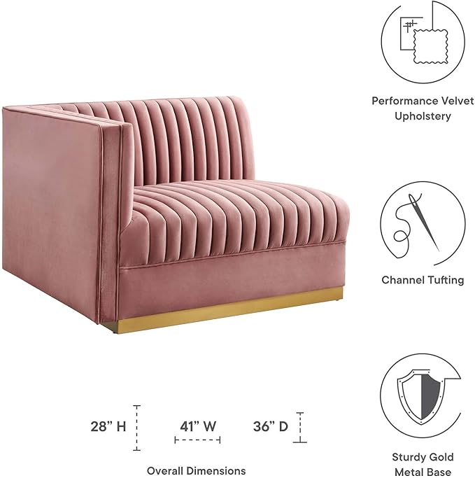 Modway Sanguine Channel Tufted Performance Velvet Modular Sectional Sofa Ottoman Left-Arm Chair Dusty Rose