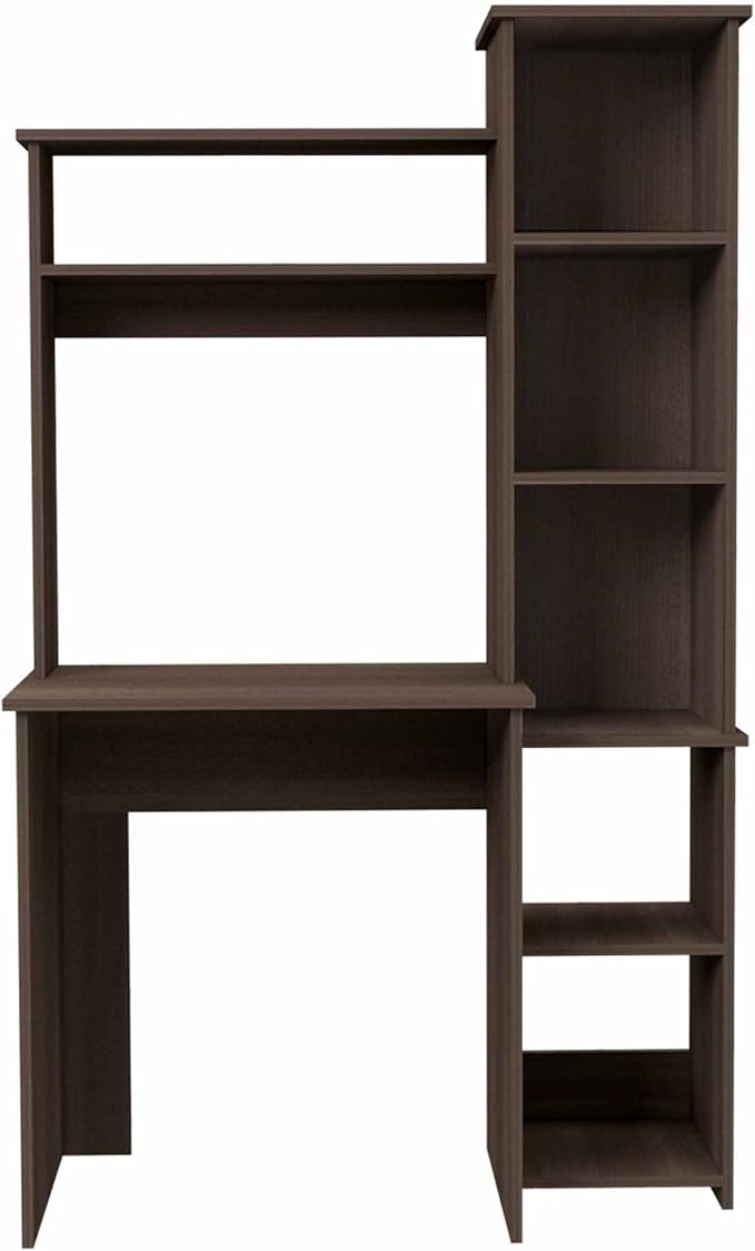 Penau Smokey Oak 6-Shelf Writing Desk with Built-in Bookcase Functional Home Office Furniture Sophisticated Design
