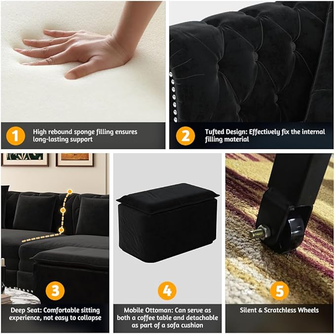 89'' King Size Velvet Convertible 3-in-1 Pull-Out 3 Seater Tufted Sleeper Sofa Bed with Movable Ottoman Fold Out Couch for RV Small Spaces Hide-A-Bed Space-Saving Black