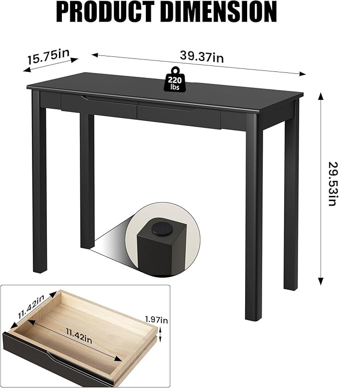 Solid Wood Desk with Drawers - 39 x 16 Inch Simple Narrow Desks Modern Computer Desks Rubber Wood Study Table Small Writing Desk for Bedroom|Small Spaces - Black