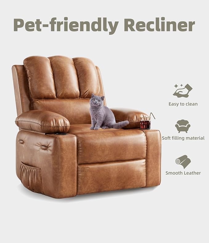 GarveeHome Oversized Recliner Chair 360° Swivel Rocker Recliners with Heat &amp Massage Soft Lazy Boy Recliner Chair with 2 Cup Holders and Side Pocket for Living Room Bedroom Nurseries -Retro Brow