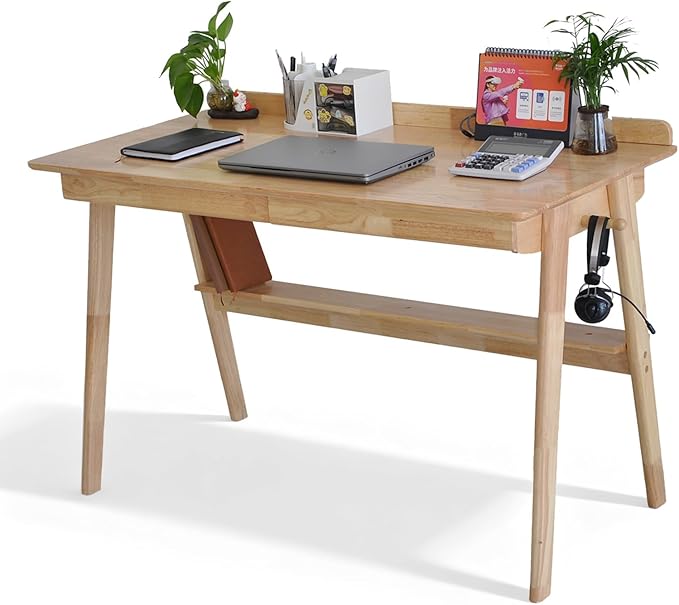 Mid-Century Modern 100% Solid Wood Writing Desk 39 Rubberwood Home Office Computer Table &amp Workstation Desk with 2 Drawers Lower Shelf &amp Side Hooks 350 lbs Load Laptop Desk