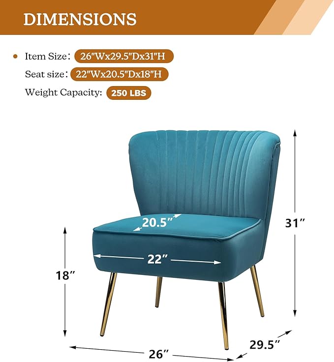 Tina's Home Velvet Armless Accent Chair Upholstered Modern Small Side Chair with Golden Legs Comfy Cute Wingback Slipper Chair for Living Room Study Beauty Room Thickly Padded(Blue)
