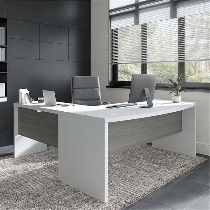 Bush Business Furniture L Shape Desk with Wire Management | Echo Collection Corner Bow Front Table for Home Office with Quick-to-Assemble Hardware | 72Wx77Lx30H