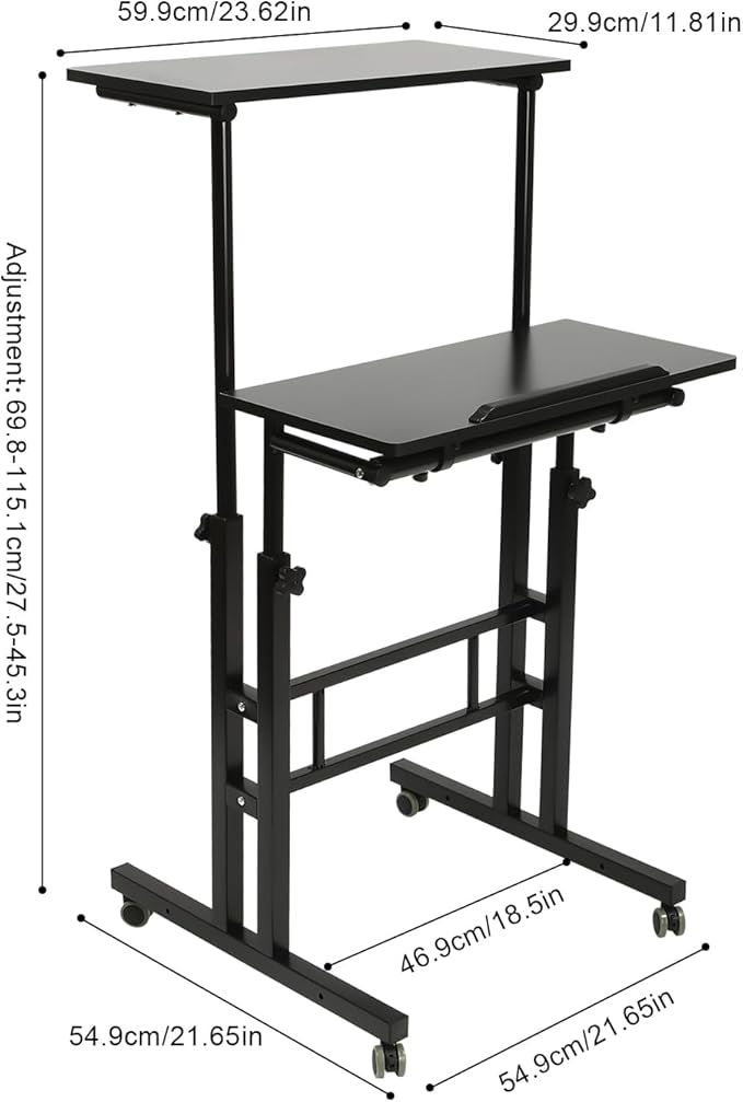 Movable Standing Desk Adjustable Height &amp Angle Rolling Lifting Laptop Podium Desk Side Table Tilting Panel Mobile Standing for Office Teacher Classroom School Meeting Room Study Room (Black)