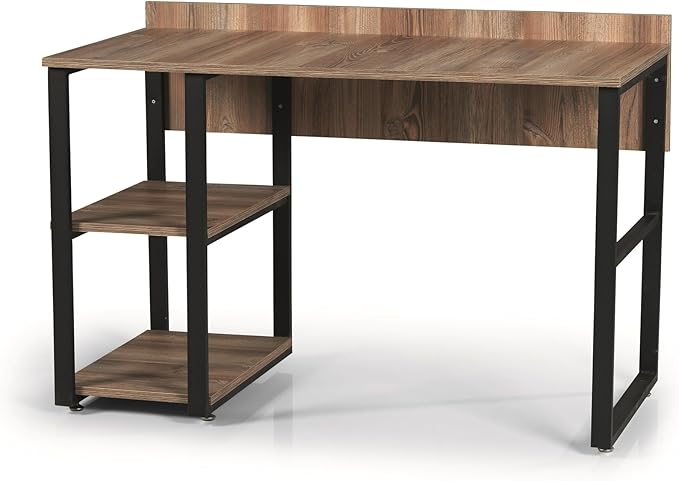 Epinki Black Metal Frame 58 Looden Top 2 Shelves Writing and Computer Desk for Home Office Oak