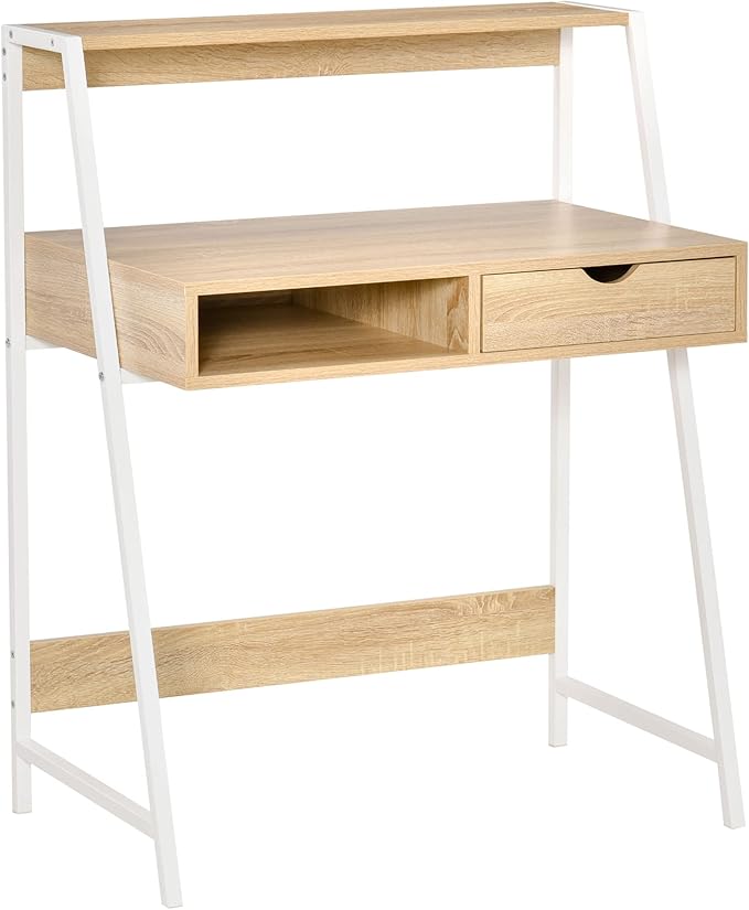 Home Office Desk Computer Desk for Small Spaces Writing Table with Drawer and Storage Shelves Natural