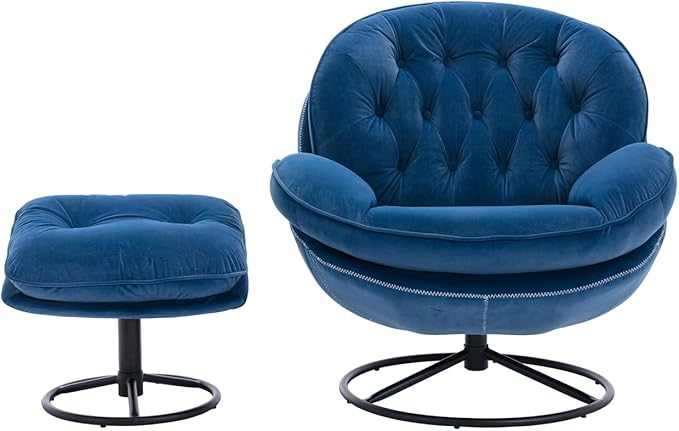 TRIPLE TREE Velvet Accent Chair with Ottoman 360 Degree Swivel Lounge Armchair with Metal Base Comfy TV Chair Recliner Chair for Living Room Bedroom Reading Room Office Blue