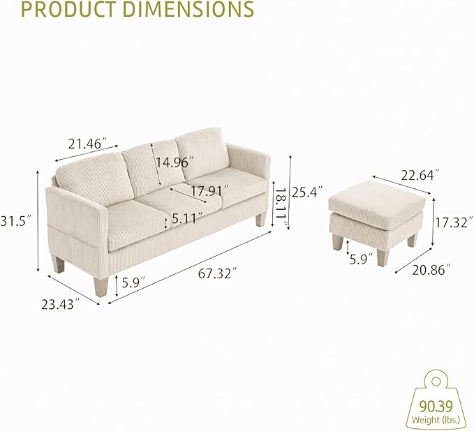 67'' L-Shaped Velvet Modular Sectional Couch Sofa with Ottoman 3-Seat Convertible Cloud Deep Seat Sofa Couches for Living Room Bedroom Apartment Cozy Chaise Lounge Sofas (Off White)