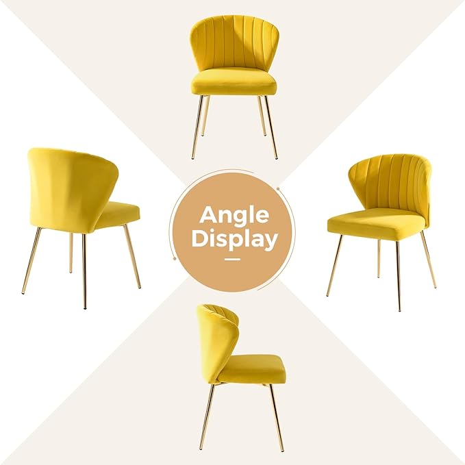 HULALA HOME Velvet Dining Chairs Modern Small Armless Accent Chair with Gold Metal Legs Living Room Upholstered Cute Side Chair Elegant Tufted Back Vanity Chair-Yellow
