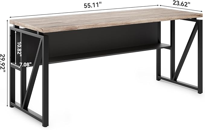 LITTLE TREE 55-Inch Executive Office Desk Large Computer Desk with Storage Shelf Executive Desk with Metal Frame Thickened Desktop Study Writing Desk Work Station for Home Office Grey Black