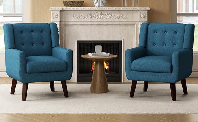 Linen Fabric Living Room Chairs Accent Chair Mid Century Modern Armchair for Living Room Bedroom Button Tufted Upholstered Comfy Reading SofasVanity Chair (2 Dark Teal)