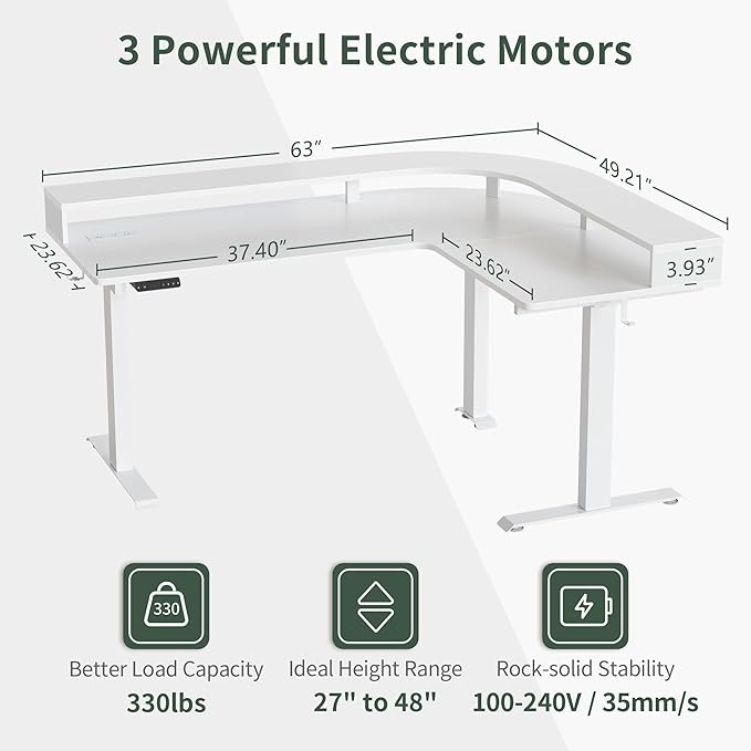 FEZIBO 63 L Shaped Standing Desk with Arc LED &amp Power Outlet Exclusive Uprated Triple Motors Support 330LBS Electric Height Adjustable L Shaped Desk with Large Monitor Stand for Home Office W