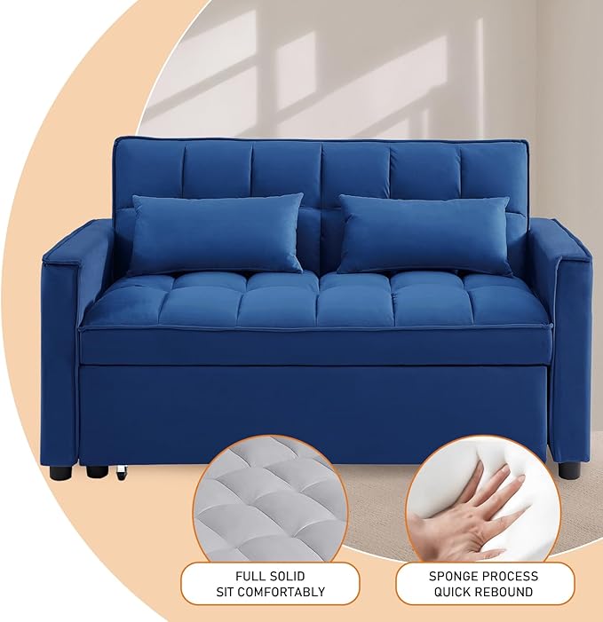 3 in 1 Convertible Sleeper Sofa Futon BedModern Velvet Pull Out Couch Bed with Reclining Backrest&amp2 Pillows54 Full Size Small Love Seat Lounge Couches for Small SpacesLiving Room (Dark Blue)