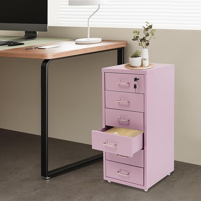 6 Drawers Mobile File Cabinet Rolling Vertical Filing Cabinet Under Desk Storage Organization 16 D x 11 W x 27 H (Purple)