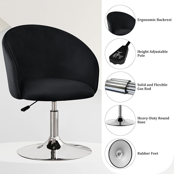 Furniliving Makeup Vanity Chair Flexible Round-Back Accent Chair with Plated Frame Height Adjustable Swivel Chairs for Living Room Charming Chair Lounge Pub Bar (Black)