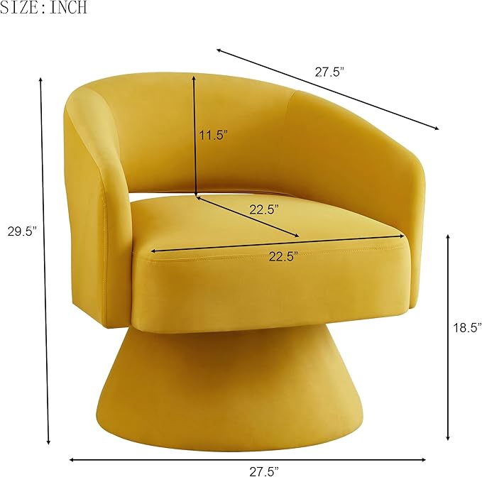 Swivel Barrel Chair Velvet Round Upholstered Accent ChairsLounge Chair with Open Backrest 360 Degree Comfy Single Sofa Dresser Chair for Living Room Hotel Bedroom Office (Yellow)
