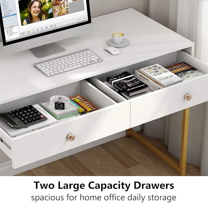 HomVent Contemporary Office Desk Modern Simple Home Office Desk Writing Desk Computer Desk Laptop Table Desk with 2 Storage Drawers and Metallic Legs Vanity Makeup Console Table (White &amp Brass)