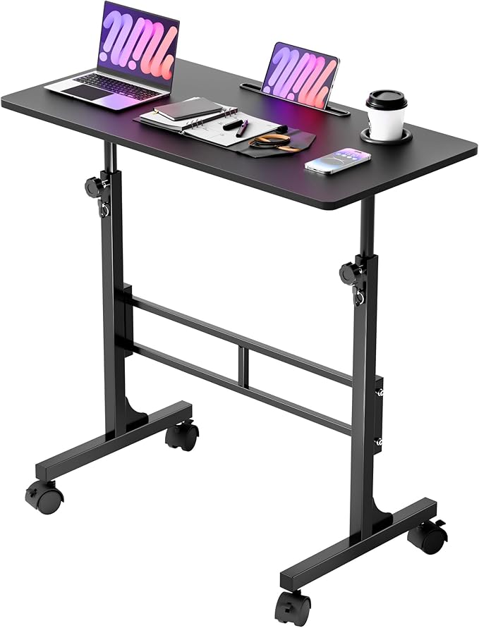 YESHOMY Standing Desk Adjustable Height 32 Inch Small Portable Rolling Desk with Wheels Cup Holder Tablet Upright Groove for Office Sofa Bedroom Black