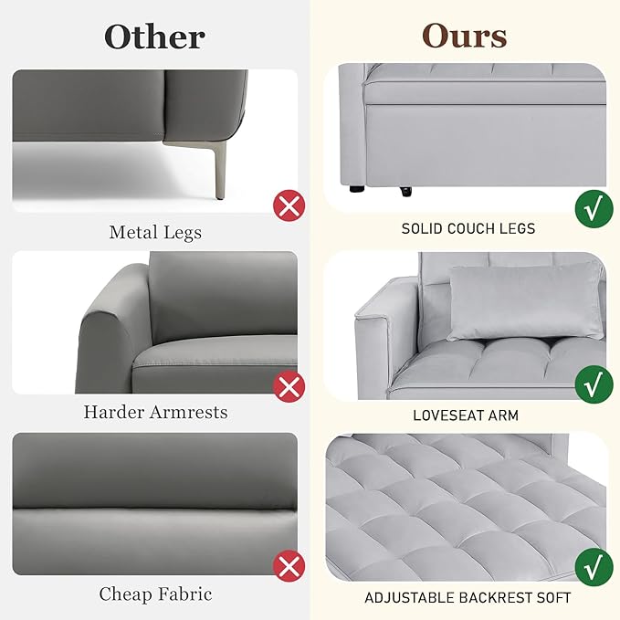 3 in 1 Convertible Sleeper Sofa Futon BedModern Velvet Pull Out Couch Bed with Reclining Backrest&amp2 Pillows54 Full Size Small Love Seat Lounge Couches for Small SpacesLiving Room (Silver grey)