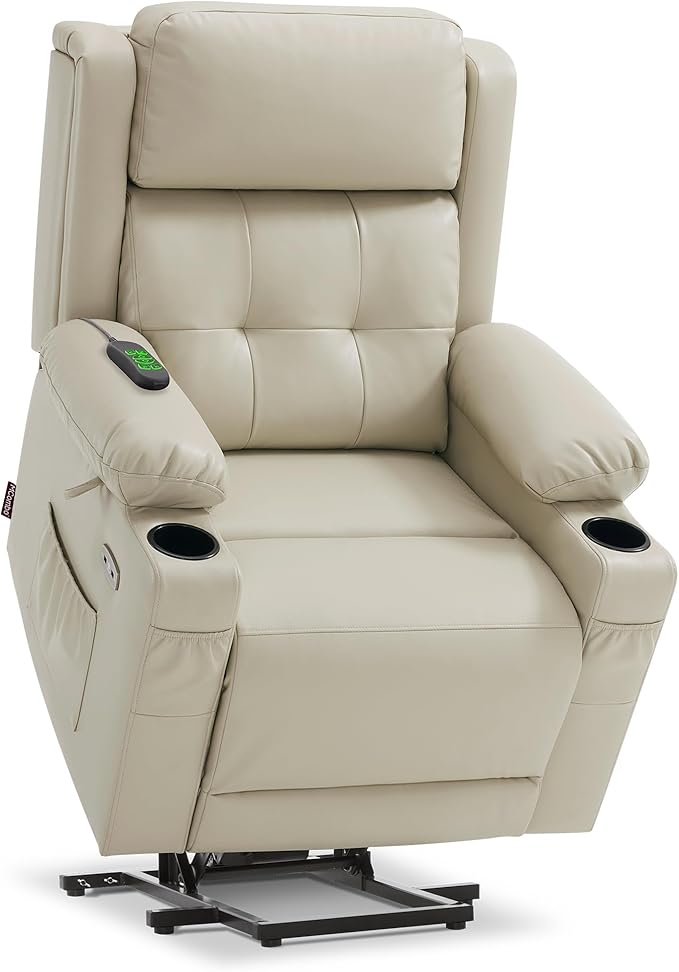MCombo Lay Flat Triple Motor Power Lift Recliner Chair with Massage and Heat Electric Recliner Chair for Elderly People Adjustable Headrest Infinite Position Faux Leather 7661 (Beige Medium)