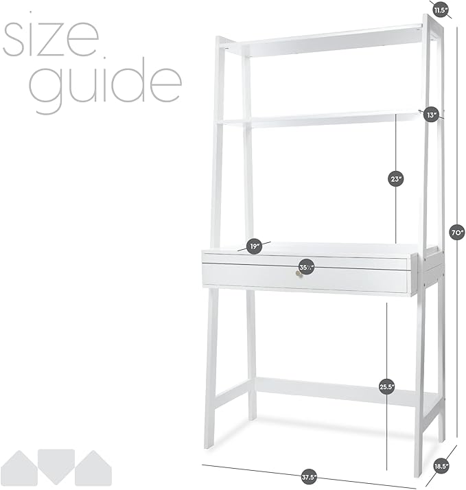 Milliard Ladder Desk with Storage Freestanding Wall Computer Desk with Drawer and Shelves White