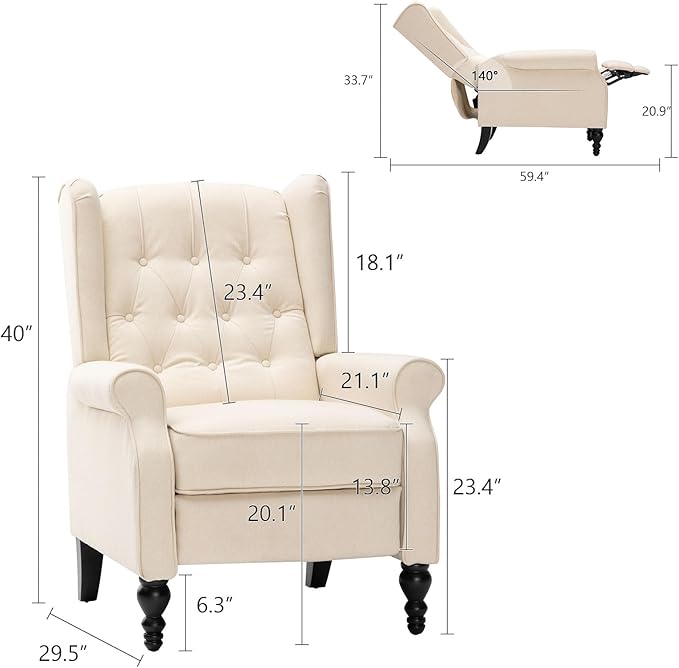 Recliner Wingback Chair Modern Linen Fabric Push Back Recliner Chairs Linen Fabric Single Sofa Lounge Chair Manual Recliner Chai for Adults Living Room Bedroom (Beige)